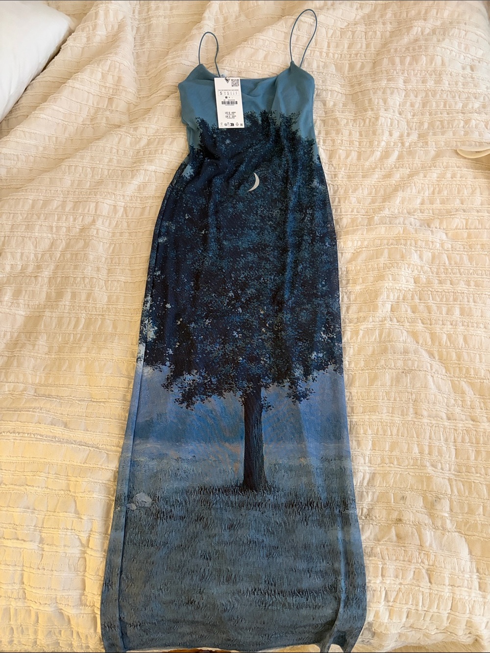 Zara LIMITED EDITION MAGRITTE Design, Blue Tree & Moon Midi Dress